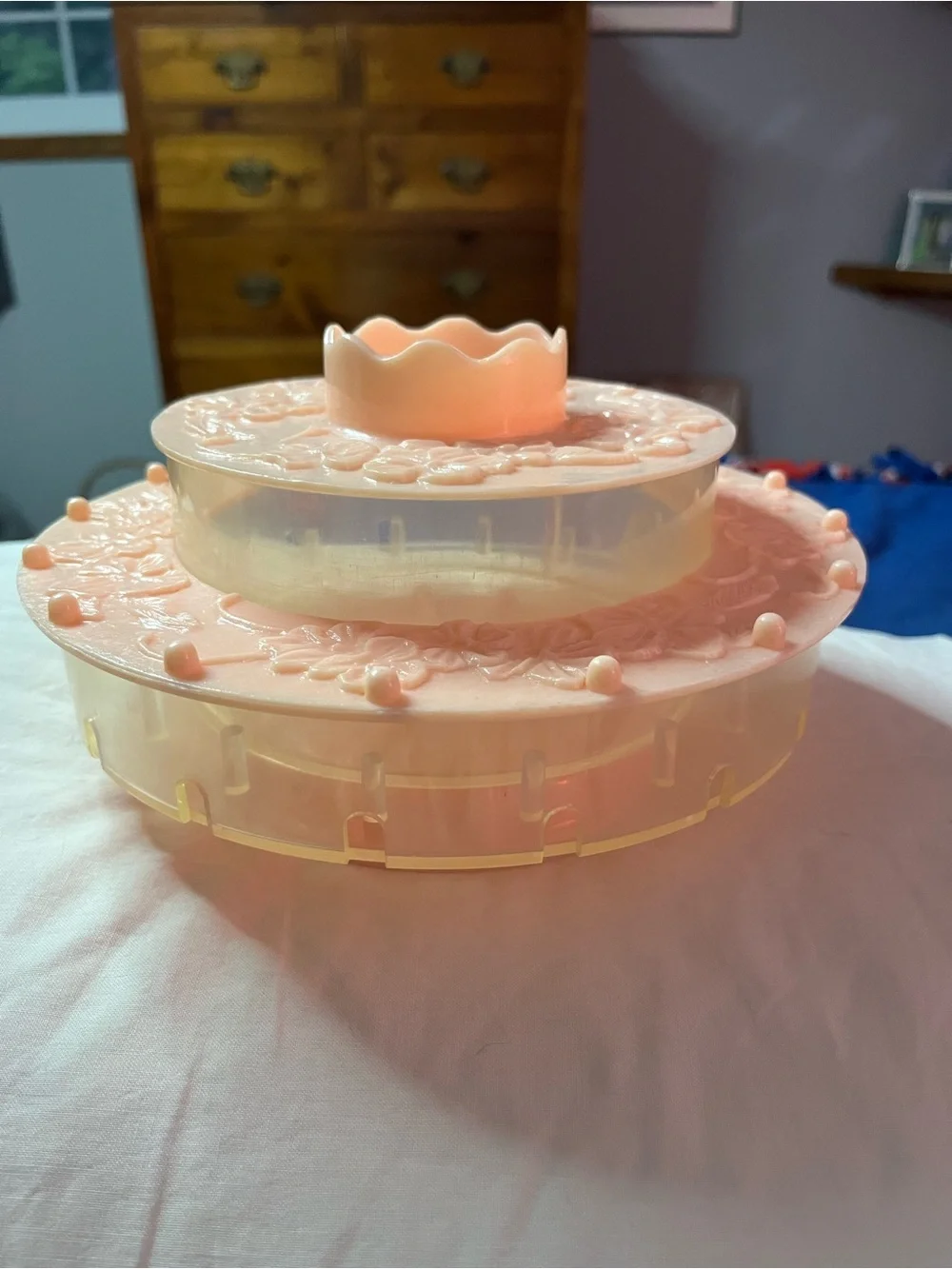 Vintage Two-Tier Pink Plastic Decorative Sewing/Thread Box